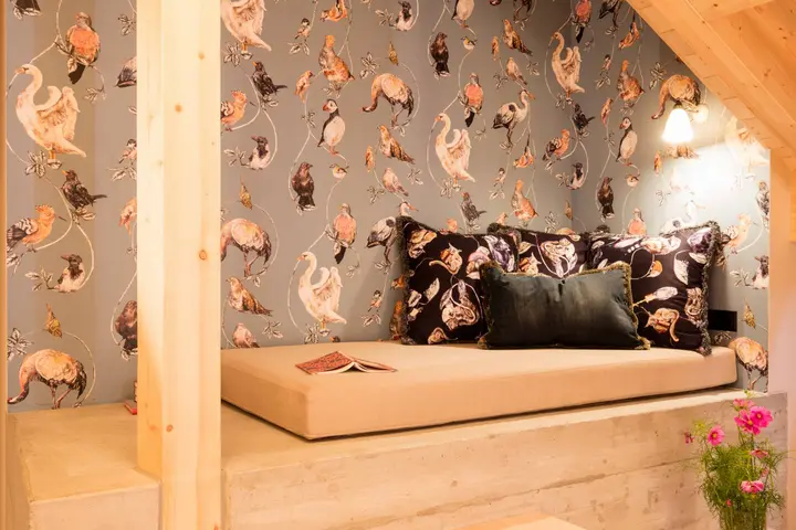 Familienzimmer mit Vogeltapete im Hotel